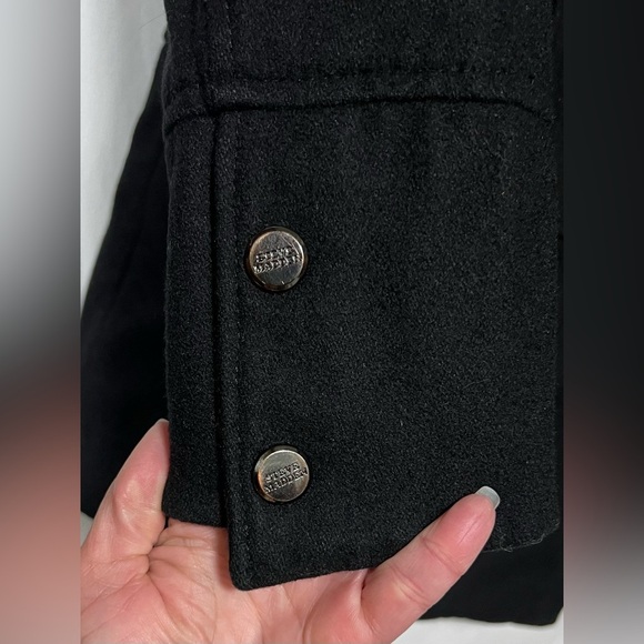Steve Madden Long Black Wool Blend Coat | Jacket | Asymmetrical Zip Winter Fall - Picture 7 of 16
